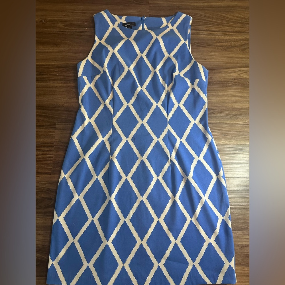 ALYX Dress Blue White Geometric Sheath Dress Size 16 Sleeveless Stretch - Picture 2 of 10